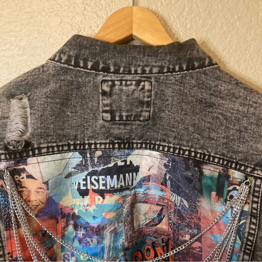American Bazi Retro Acid Wash Cropped Denim Jacket With Chains Biker Bohemian 1X - Picture 13 of 16
